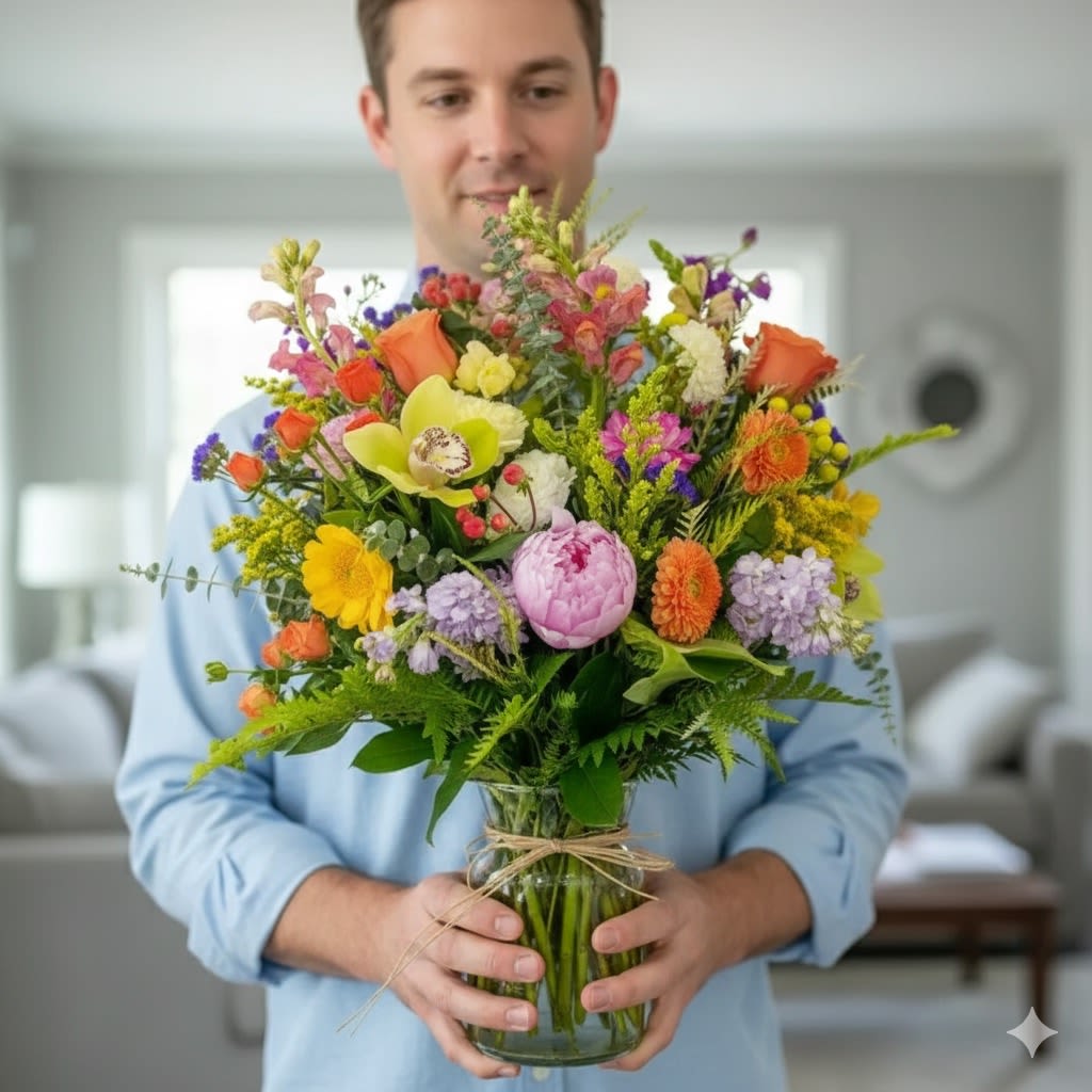 Man holding a colorful mixed bouquet in a glass vase