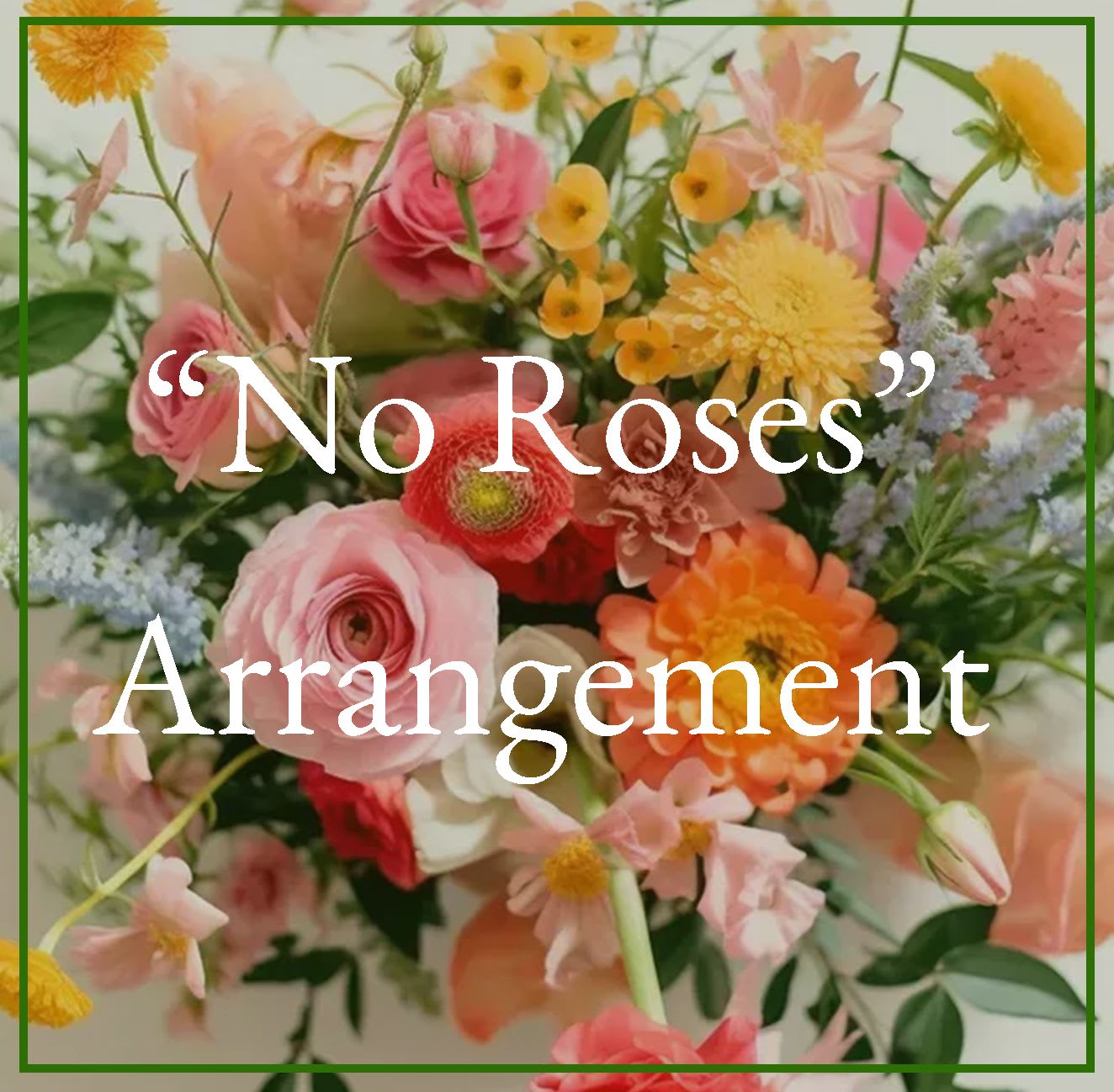 Colorful arrangement of mixed pink, orange, and yellow flowers with soft blue accents.