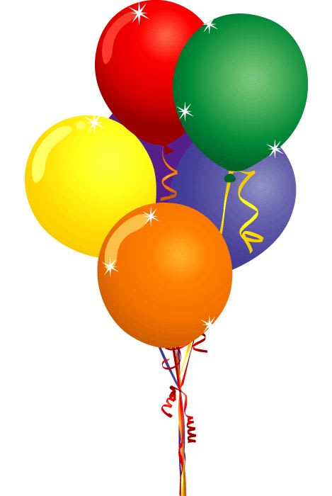 Cluster of colorful balloons with curling ribbons