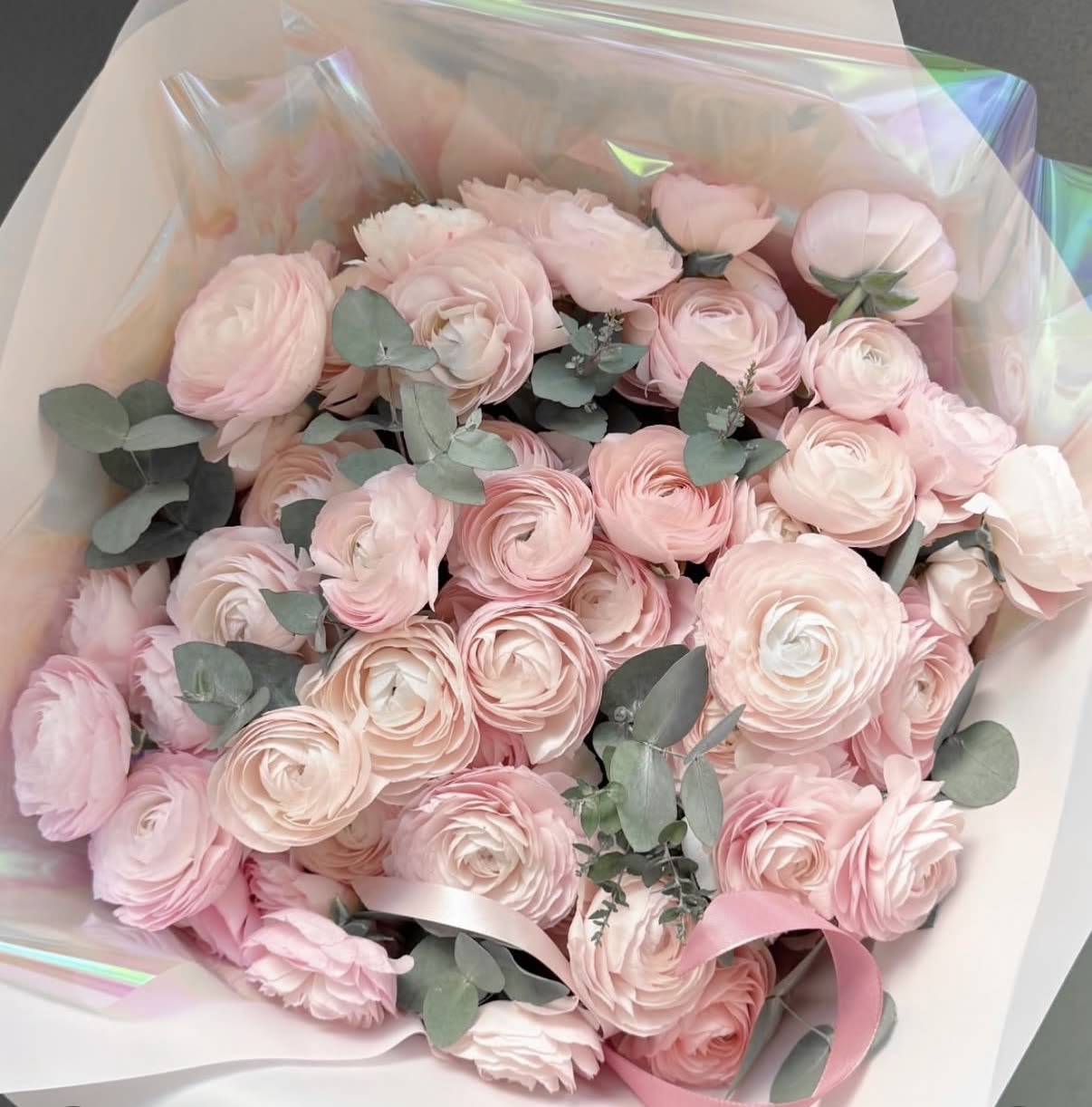 Bouquet of pale pink ranunculus with eucalyptus and pink ribbon