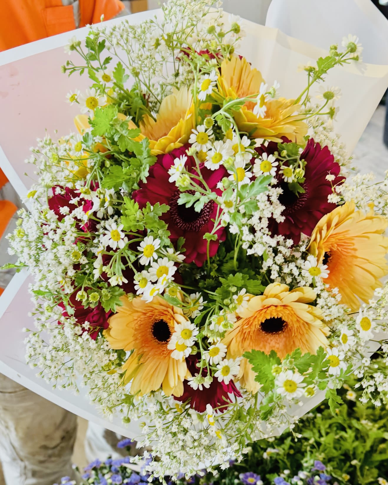 KASSI BOUQUET - DESIGNERS CHOICE DAISIES - DESIGNERS CHOICE - SEASONAL MIX OF DAISIES AND BABYS BREATH.   SPECIAL REQUESTED AND DESIGNED BY A CUSTOMER  AND NOW A KEEPER OF TEMECULA FLOWER SHOPPE.  