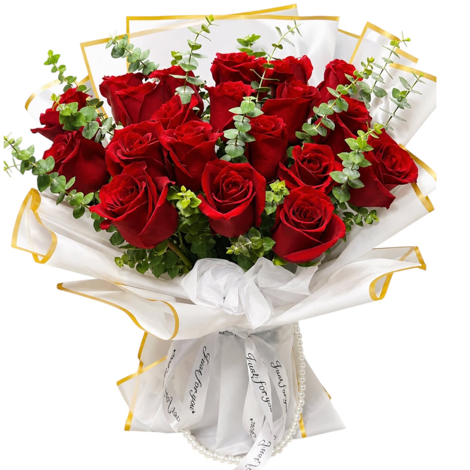 Bouquet of red roses wrapped in white paper with gold trim