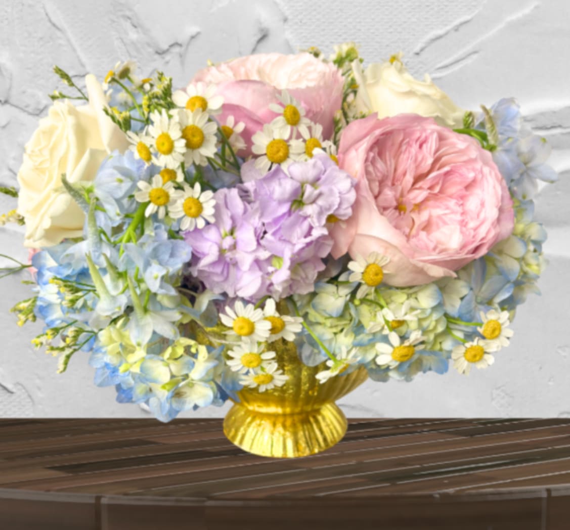 Golden Meadow Bouquet - "Hand-crafted by accredited Master Florist Tricia Won (AIFD, EMC, IMF) using premium seasonal market blooms. No two arrangements are identical."  The Golden Meadow Bouquet Sun-kissed charm meets garden elegance.  This whimsical, airy arrangement brings the brightness of a summer day into any room.  Presented in a striking gold-toned pedestal vase, this arrangement offers a perfect balance of rustic charm and polished style.  Vibe: Joyful, breezy, and enchanting.  Perfect For: Birthdays, "thinking of you," or a bright kitchen centerpiece.