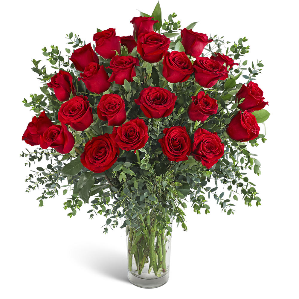 Two Dozen Red Hot Roses - Two Dozen Red Hot Roses features twenty four premium red roses arranged with fresh greenery in a clear glass vase. This bold, romantic design is perfect for anniversary or birthday flower delivery from your local florist. Rose shades may vary slightly based on availability while the overall fullness and style remain true to the design.