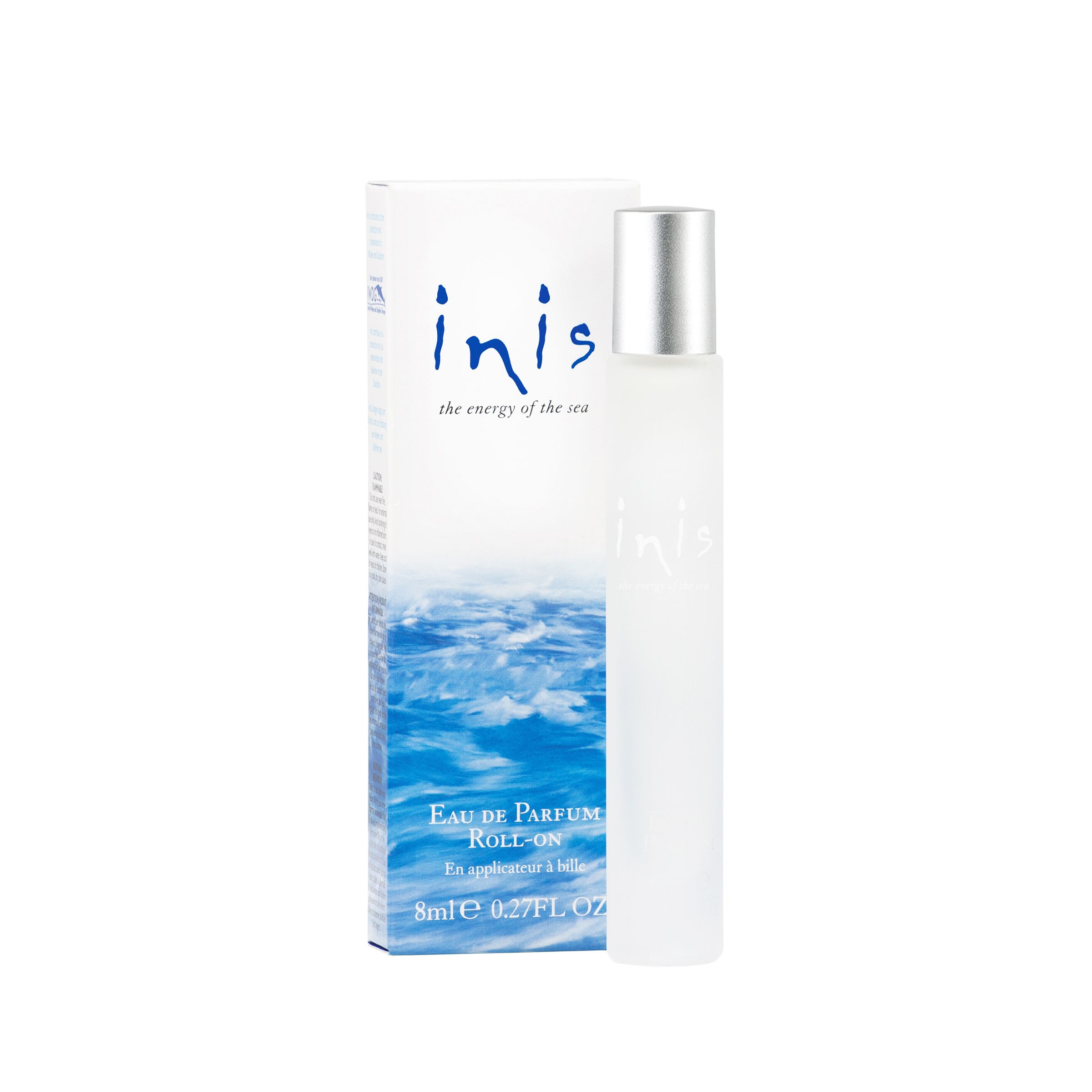 Roll-on perfume bottle beside its box with blue ocean-themed packaging