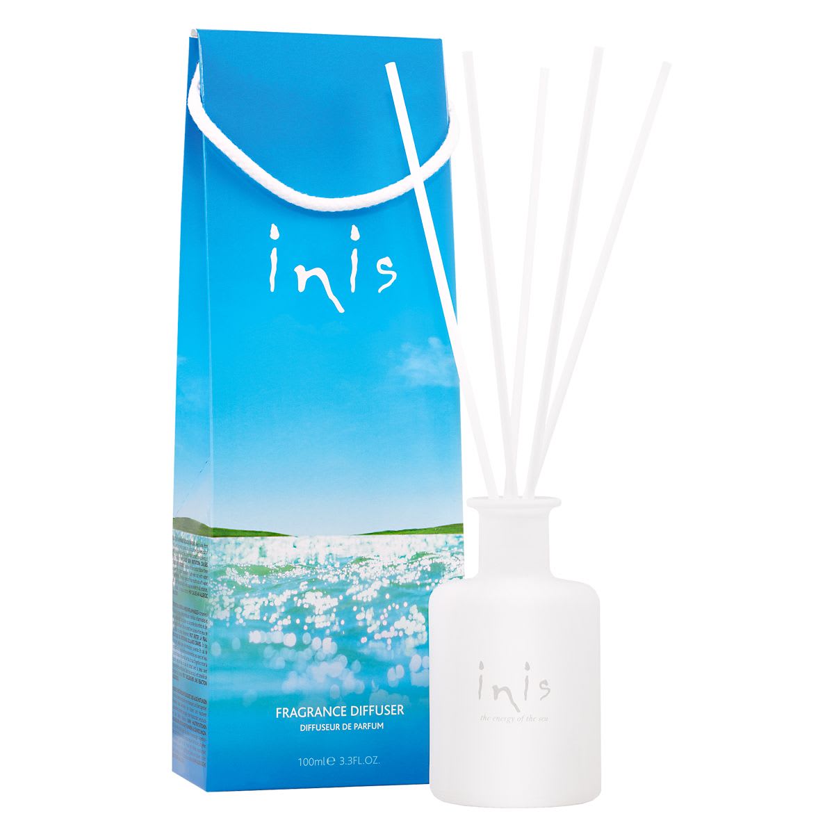Blue fragrance diffuser box with a white reed diffuser bottle