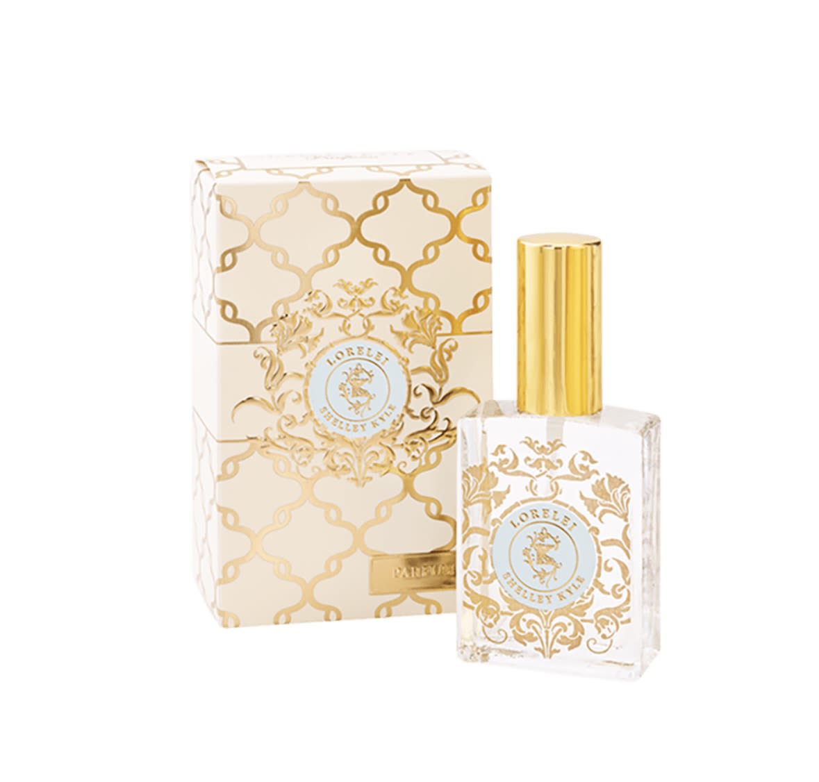 Perfume bottle with gold cap beside matching decorative box