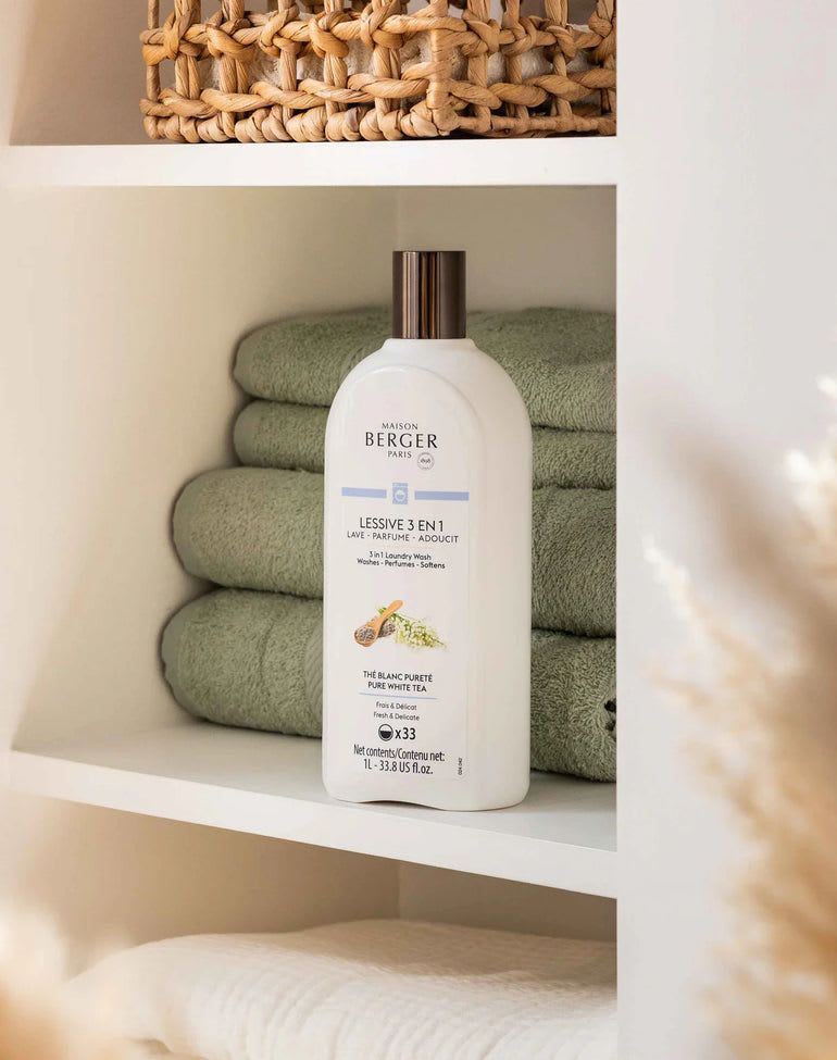 Pure White tea laundry detergent - Maison Berger - Maison Berger’s Pure White Tea 3-in-1 Laundry Wash cleans, softens, and scents fabrics with bergamot, white tea, and lily of the valley. Vegan and dye-free, it leaves linens fresh and delicately perfumed for days. 1 bottle = 33 washes