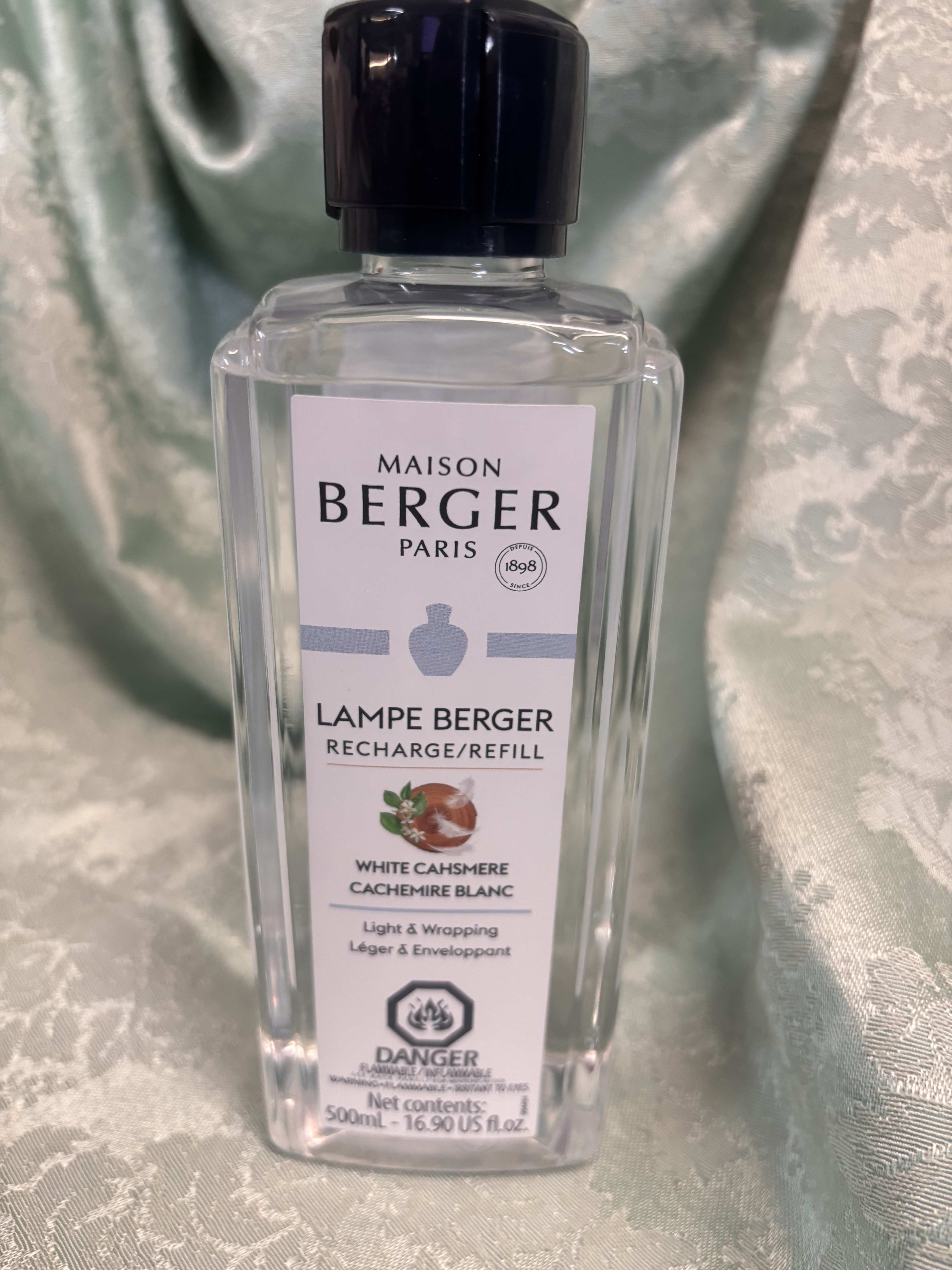 Bottle of Maison Berger Paris lamp refill labeled White Cashmere