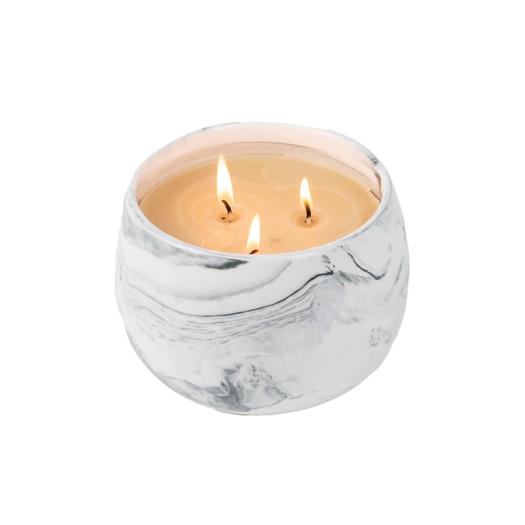 Three-wick candle in a white marbled glass holder
