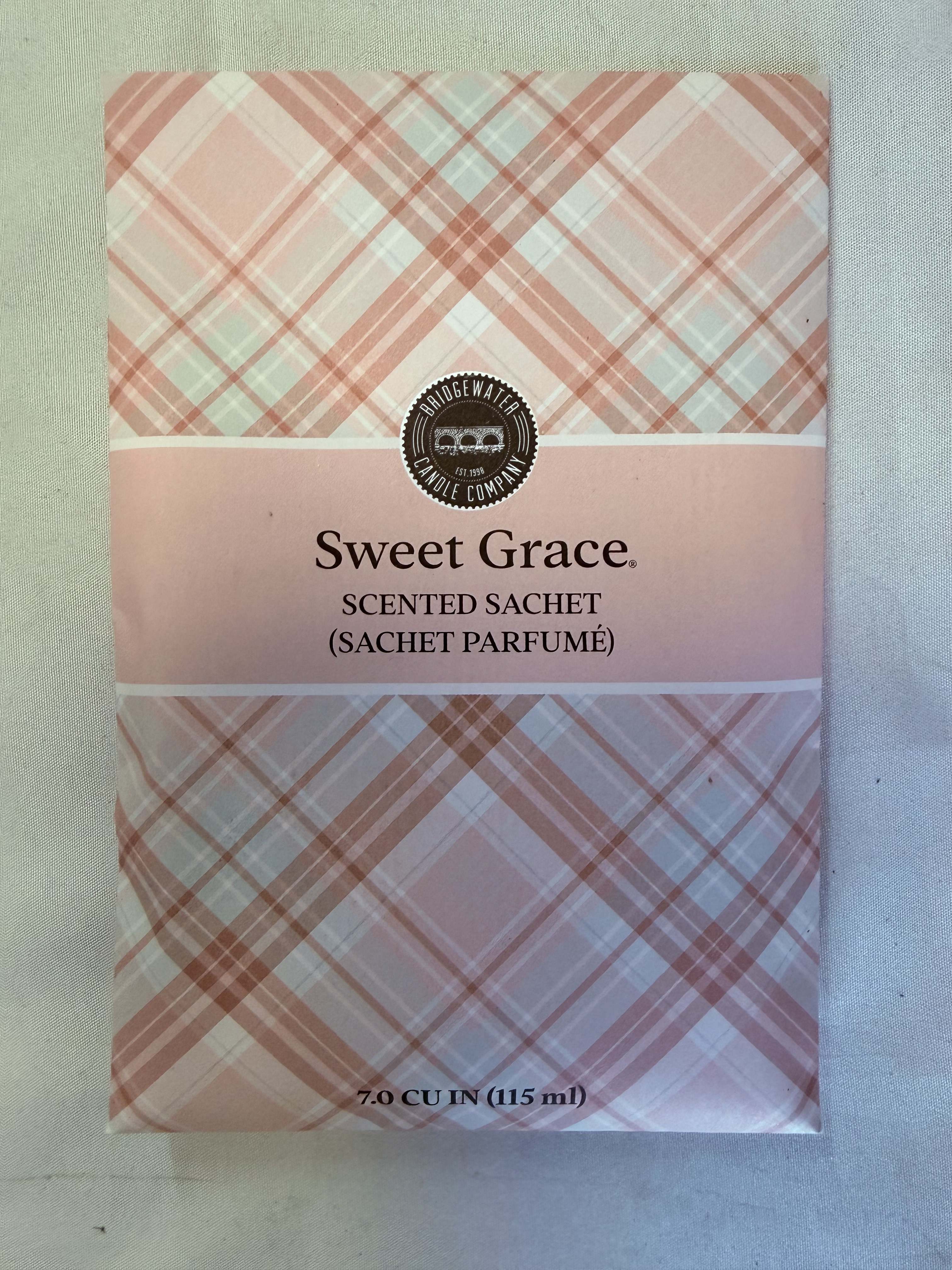 Pink plaid scented sachet package labeled Sweet Grace.