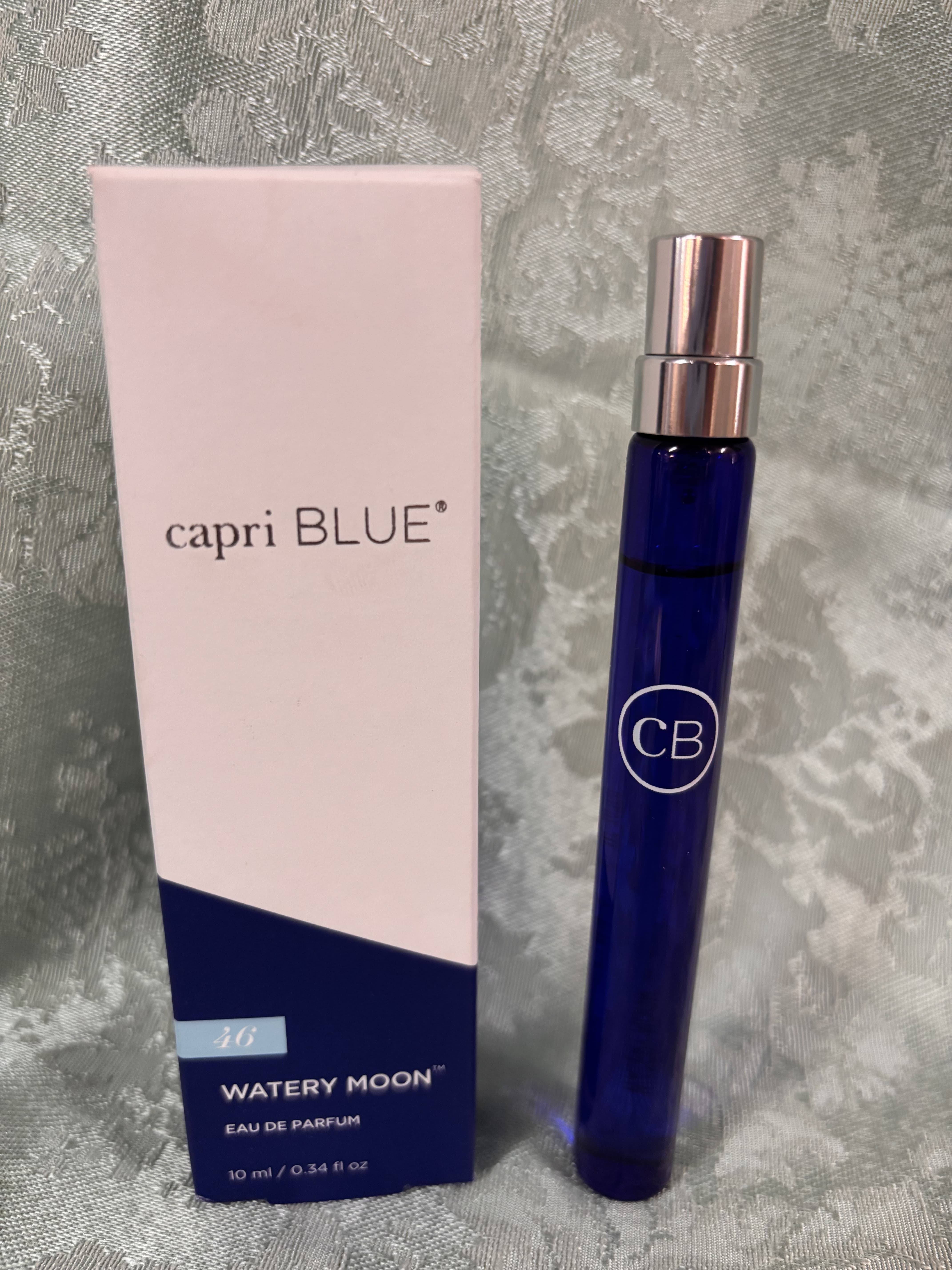 Blue perfume bottle beside a pink Capri Blue box
