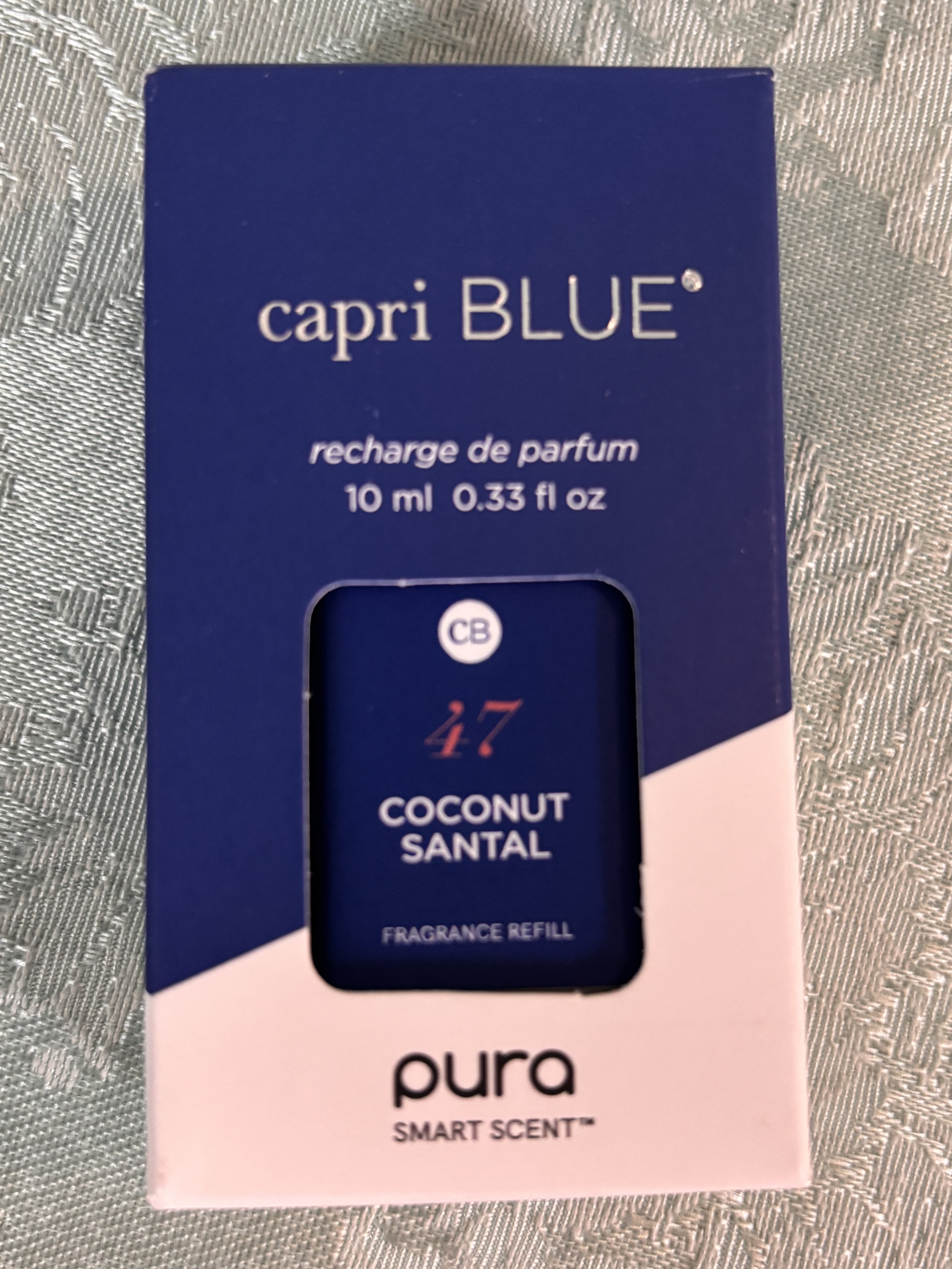 Blue and pink perfume refill box labeled Capri BLUE and Pura Smart Scent