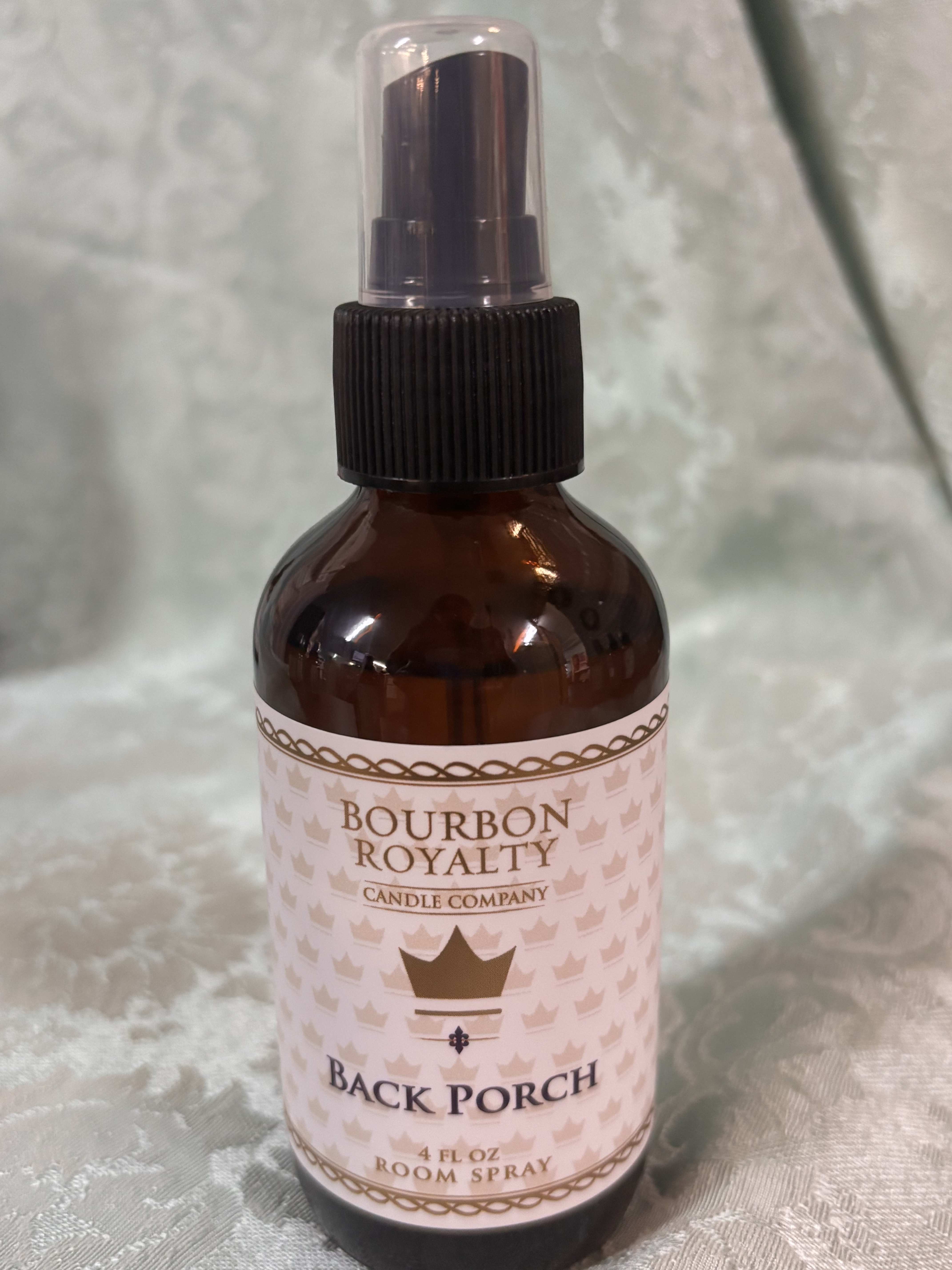 Amber room spray bottle labeled Bourbon Royalty Back Porch