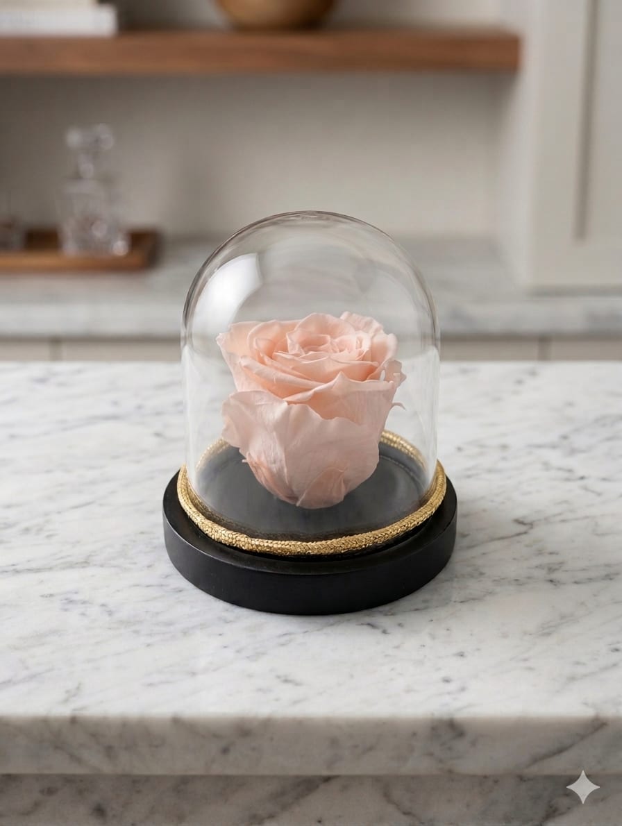 Peach Mini Preserved Forever Rose - Enjoy the timeless beauty of a real, Peach mini rose preserved to last for years without water or sunlight. This premium bloom is captured at its peak and elegantly displayed in a crystal-clear glass dome on a gold-accented matte black base.