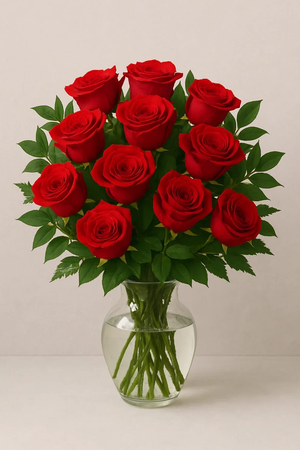 Roses Passion - Surprise that special one by sending them this beautiful dozen of finely arranged red roses in a crystal vase. This beautiful bouquet of red roses framed by tender green leaves and branches will vividly express your feelings.