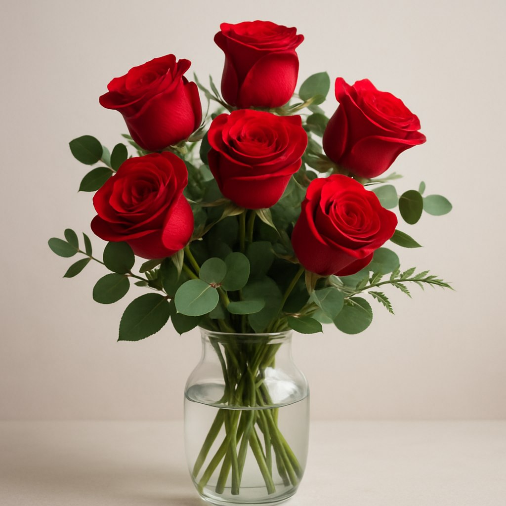Six Ways to Love - Thoughtfully arranged with elegant greenery and minimalist style, this bouquet embodies modern romance and timeless beauty. Each rose is carefully hand-picked for its deep, velvety petals and rich color, ensuring a luxurious, heartfelt gift.  Perfect for anniversaries, birthdays, spontaneous surprises, or just because. Delivered fresh from our Tampa studio, beautifully wrapped or presented in a clear glass vase.  Let your love speak in six powerful ways.