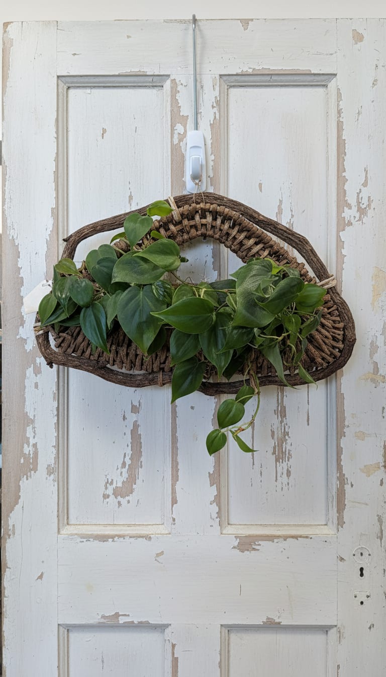 Green leafy plant in a woven hanging basket on a distressed white door