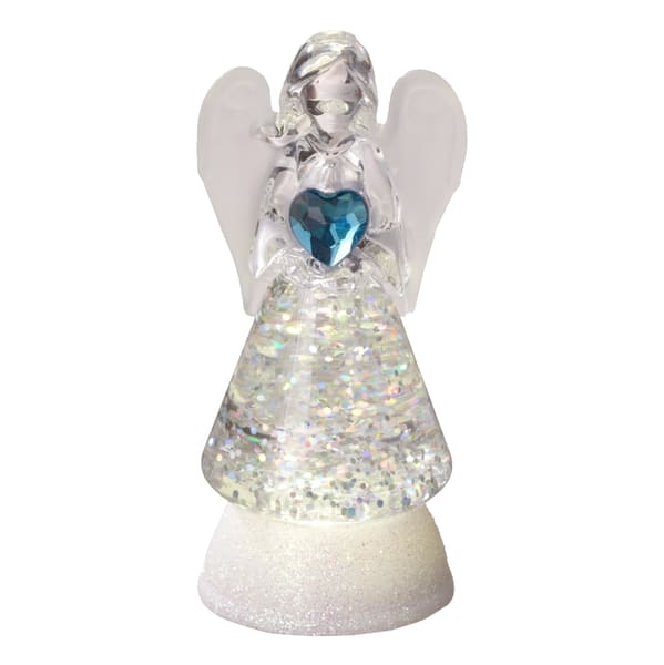 Lighted Angel Light Blue - This is a cute 3 in one Angel that stands 3 1/2 in tall. It lights up and is a snow globe with a birth Blue stone. 