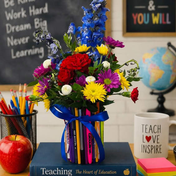 Colorful bouquet in a pencil holder with a blue ribbon