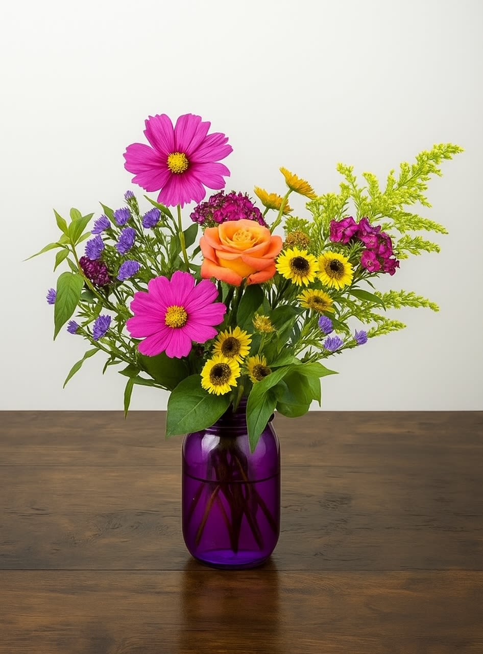 *Mason Jar Special* - A colored mason jar with mix of fall farm blooms!