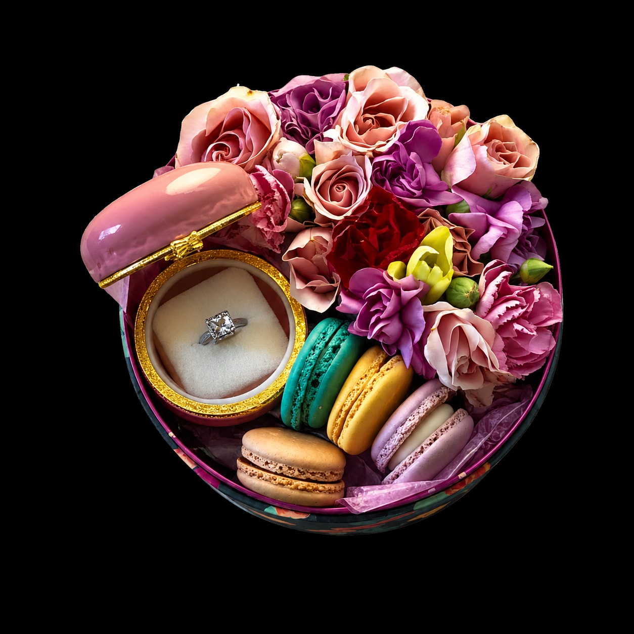 Round gift box with roses, macarons, and a ring in a jewelry case