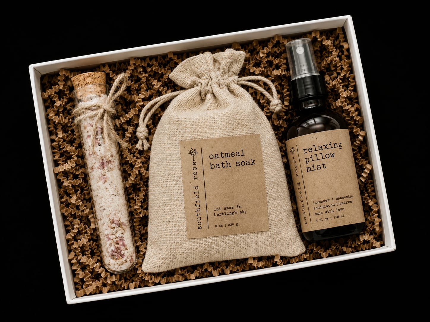  Gift Set | Relaxing Rose Trio- Pillow Spray - This gift set includes Relaxing Pillow Mist This relaxing pillow mist uses a blend of pure essential oils that relax the mind and body. The combination of clary sage, chamomile, geranium and lavender creates the perfect aroma for ultimate relaxation. Spray on your pillow before bed, before meditation or throughout the day to calm the mind. Rose Oatmeal Soak Oatmeal has incredible healing properties, and when combined with the power of dried herbs creates the ultimate bath experience. Throw in the tub and let steep for a mess free oatmeal bath. This bath soak combines organic oatmeal and dried rose petals!
