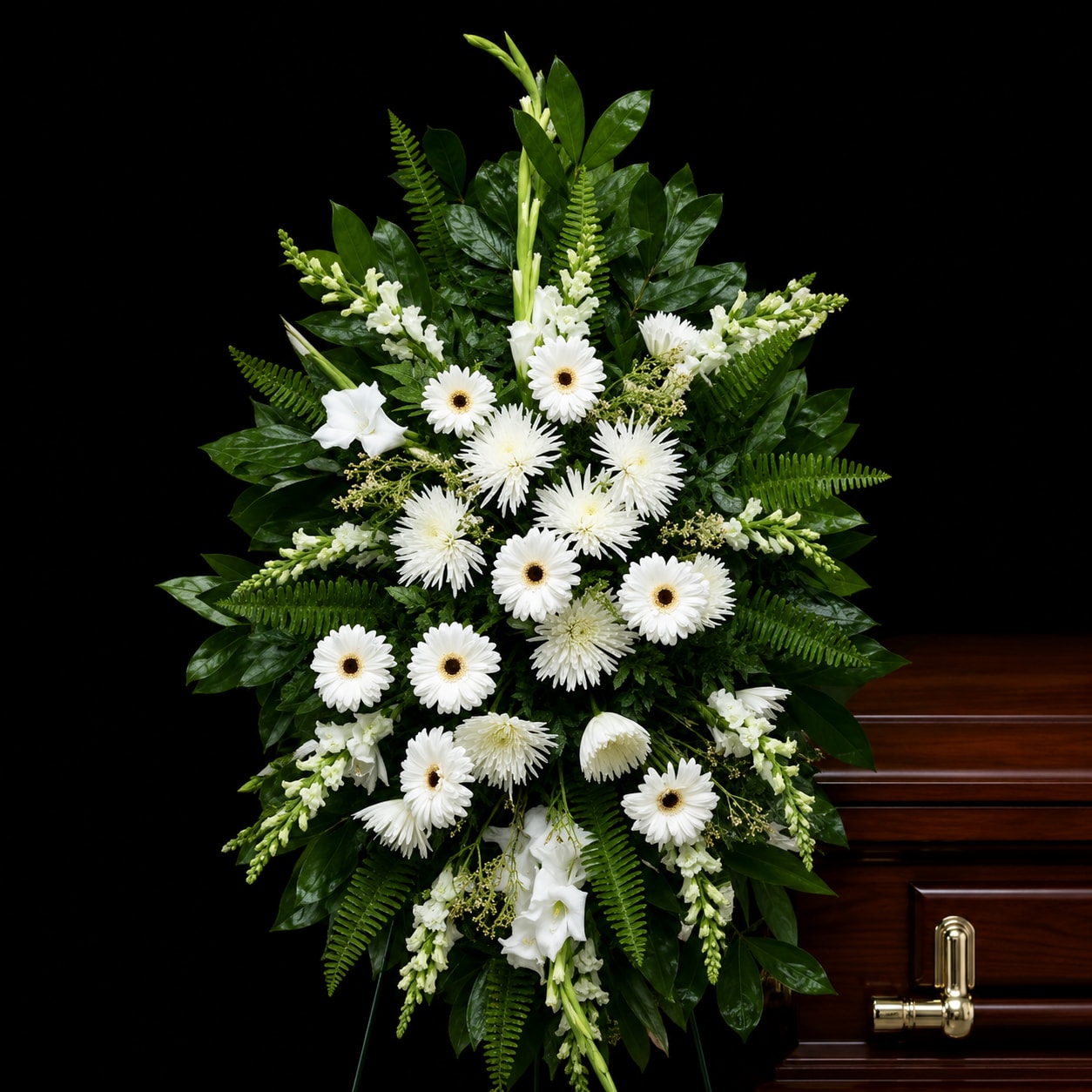 White funeral spray with daisies and lilies on a dark wood casket