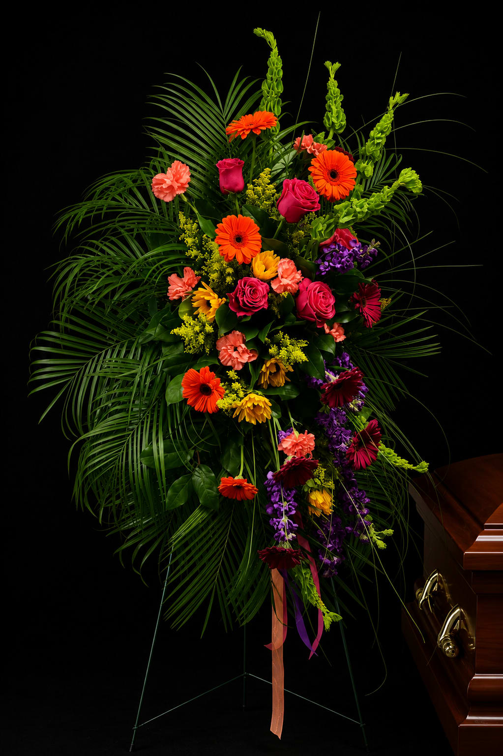 Tall standing floral spray with bright mixed blooms and palm fronds