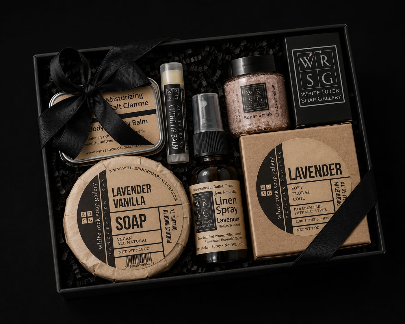 Lavender – Self-Care Gift Set - This Lavender gift set makes a perfect gift for anybody and for any occasion. Gift box comes complete with a bow to make gift giving easy.  Gift set contains: Lavender Vanilla Soap, Sisal Soap Pouch, Lavender Soy Wax Candle, Lavender Linen Spray, Lavender Vanilla Sugar Scrub Mini, Lavender Lotion Bar, Lip Balm, and a box of Matches