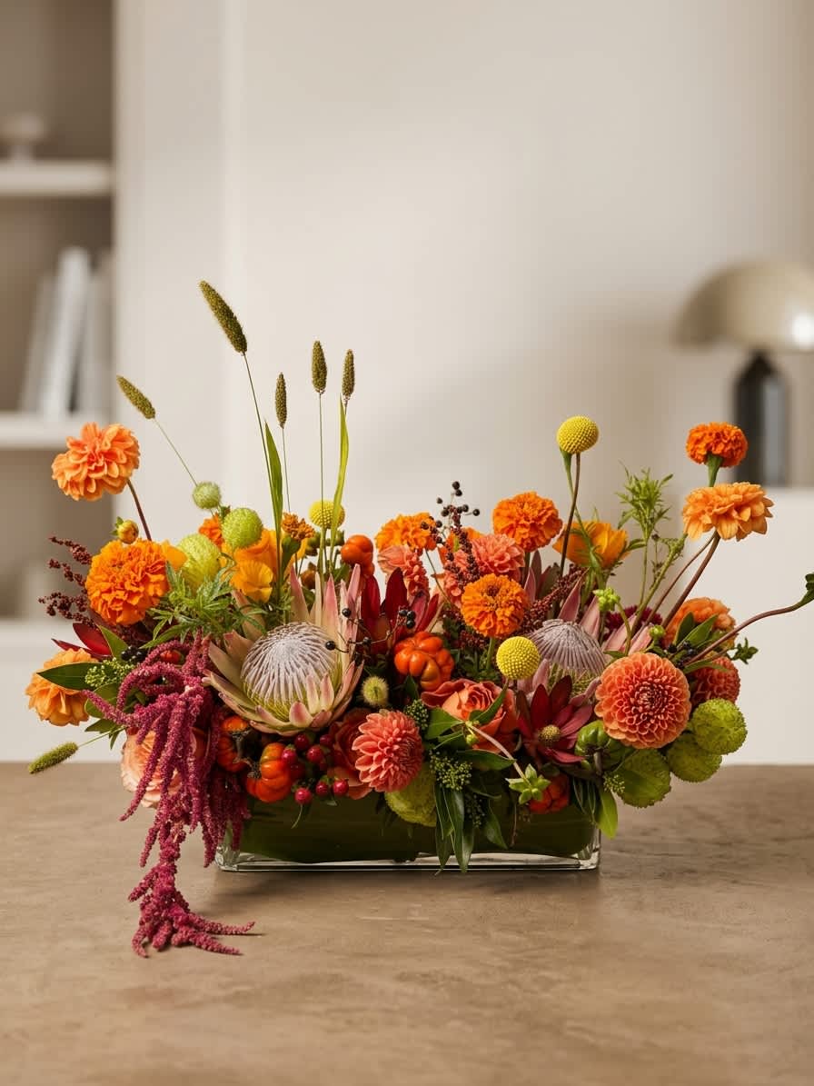 Low rectangular arrangement of orange and yellow flowers in a glass vase