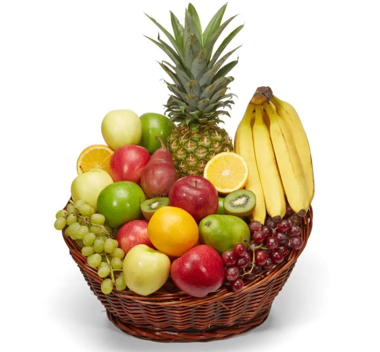 Fruit basket with bananas, pineapple, apples, grapes, oranges, and kiwi