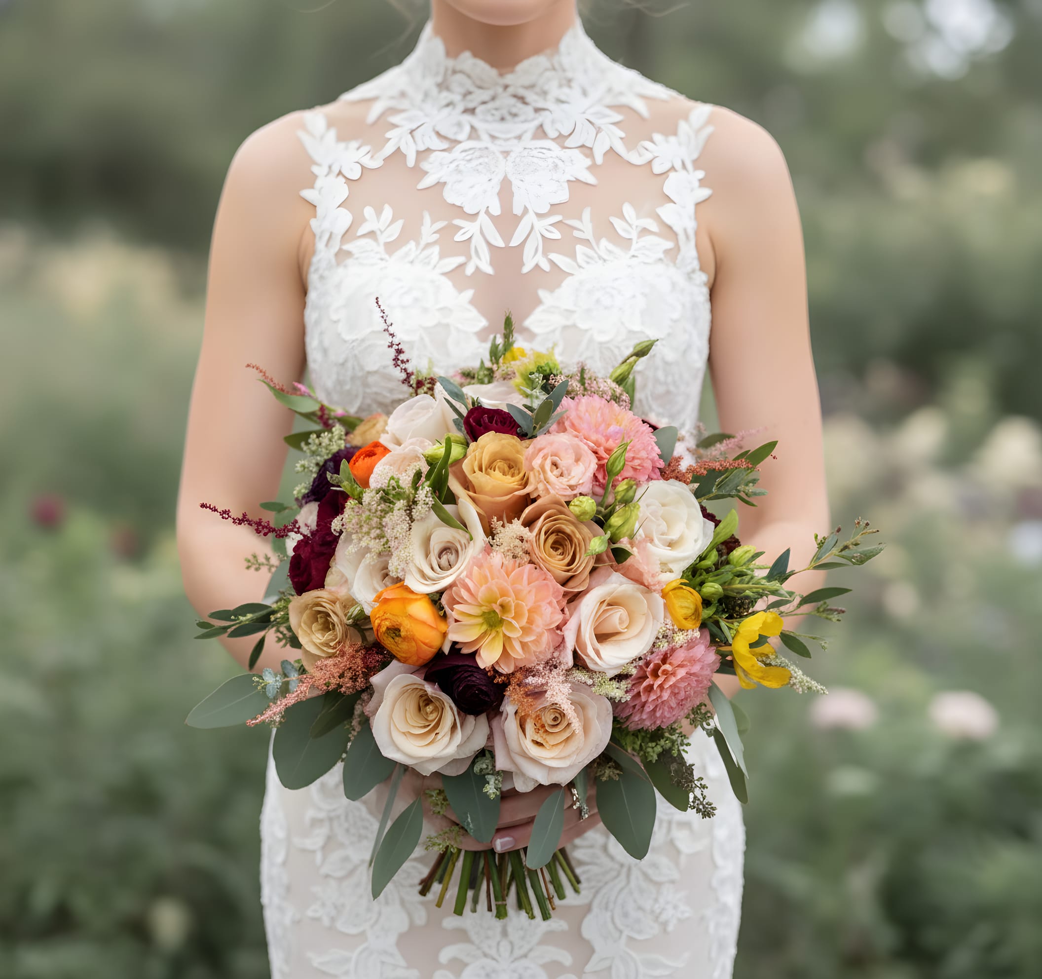 Bride holding a bouquet of roses, ranunculus, and dahlias