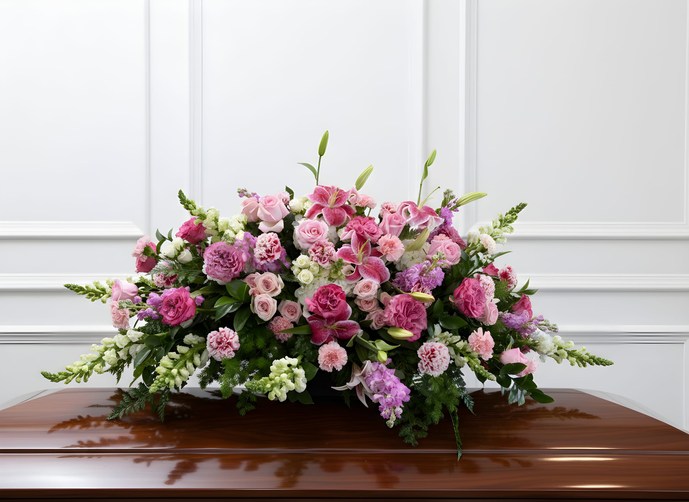 Large pink and white floral casket spray on a polished coffin