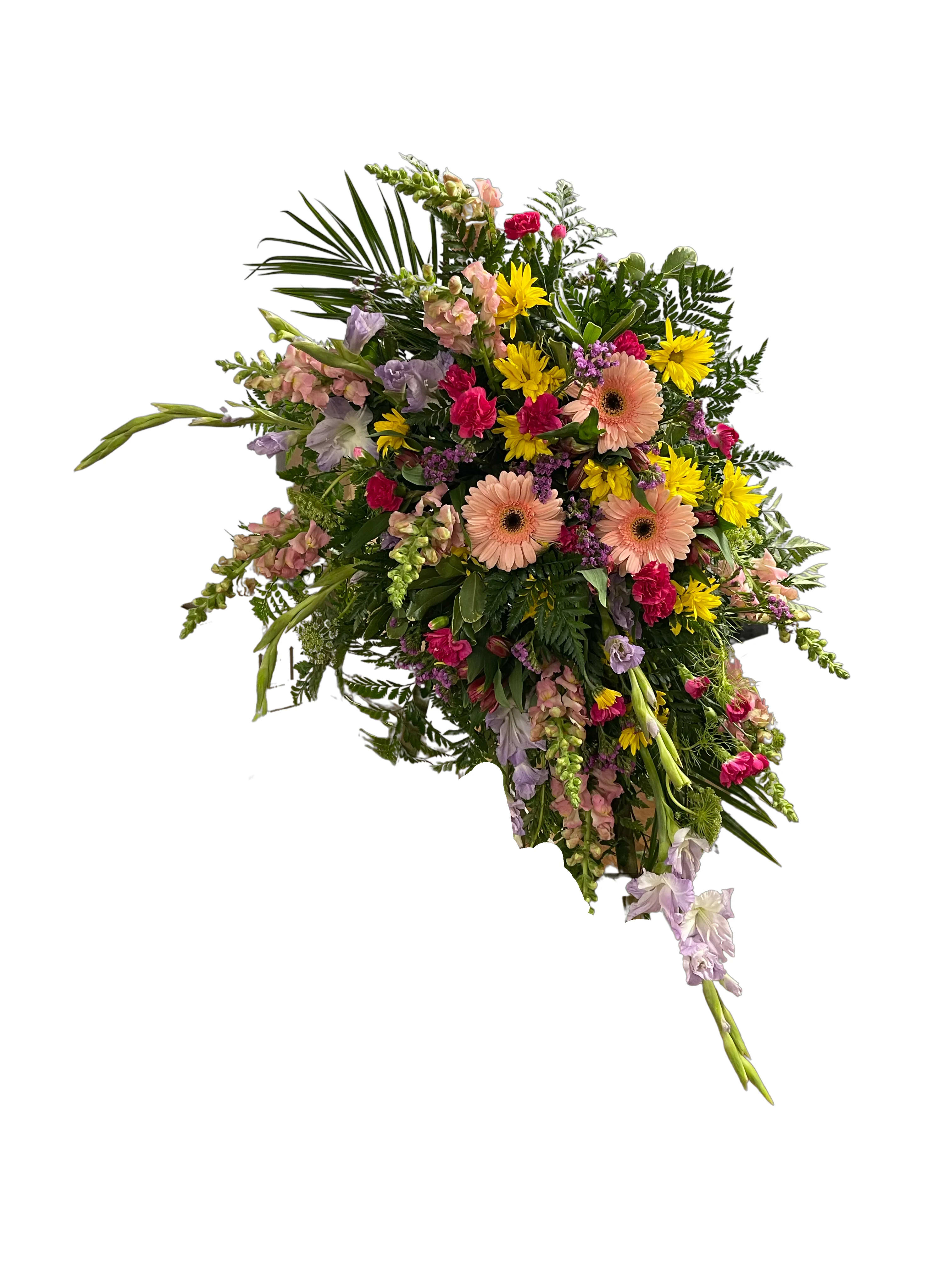 Large mixed floral spray with pink, yellow, and lavender blooms