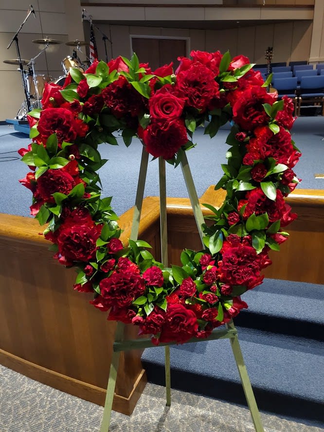 Heart Standing Spray - Red Roses and Red Carnations on Standing Heart Spray