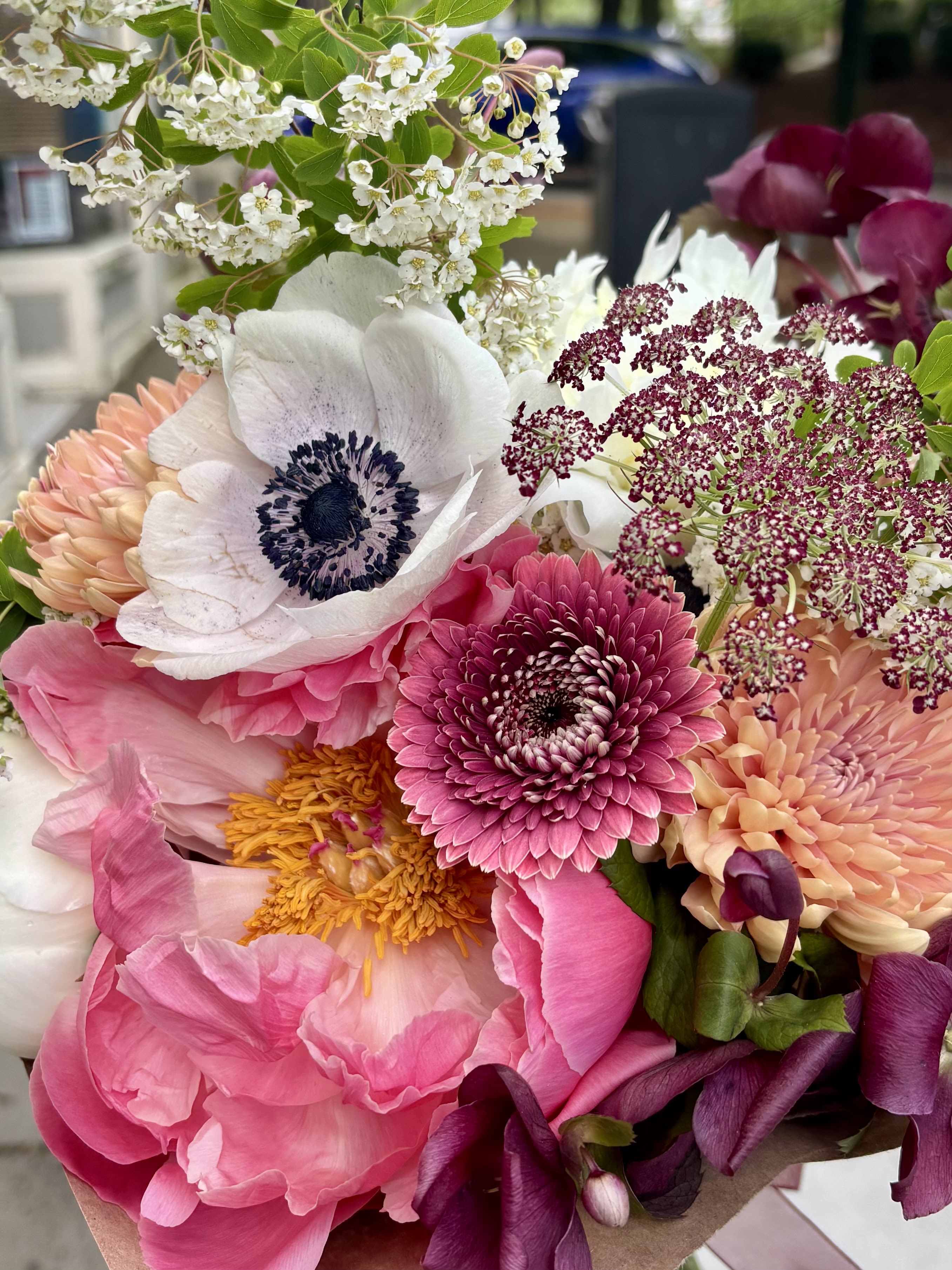 Mixed bouquet with pink, white, and purple flowers