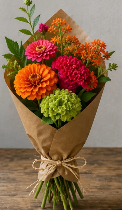 Bright mixed bouquet of zinnias and small orange flowers wrapped in brown paper
