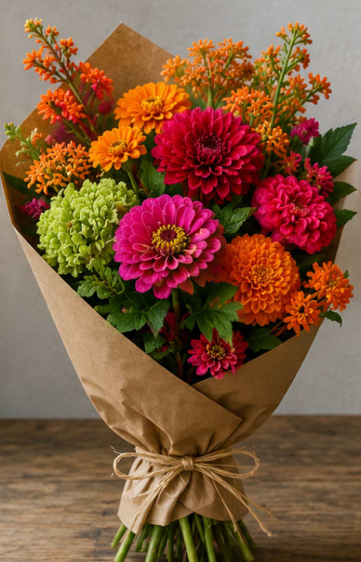Bouquet of bright zinnias wrapped in brown paper