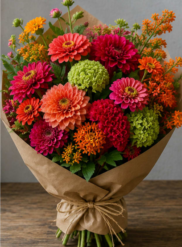 Bouquet of bright zinnias and orange filler flowers wrapped in kraft paper
