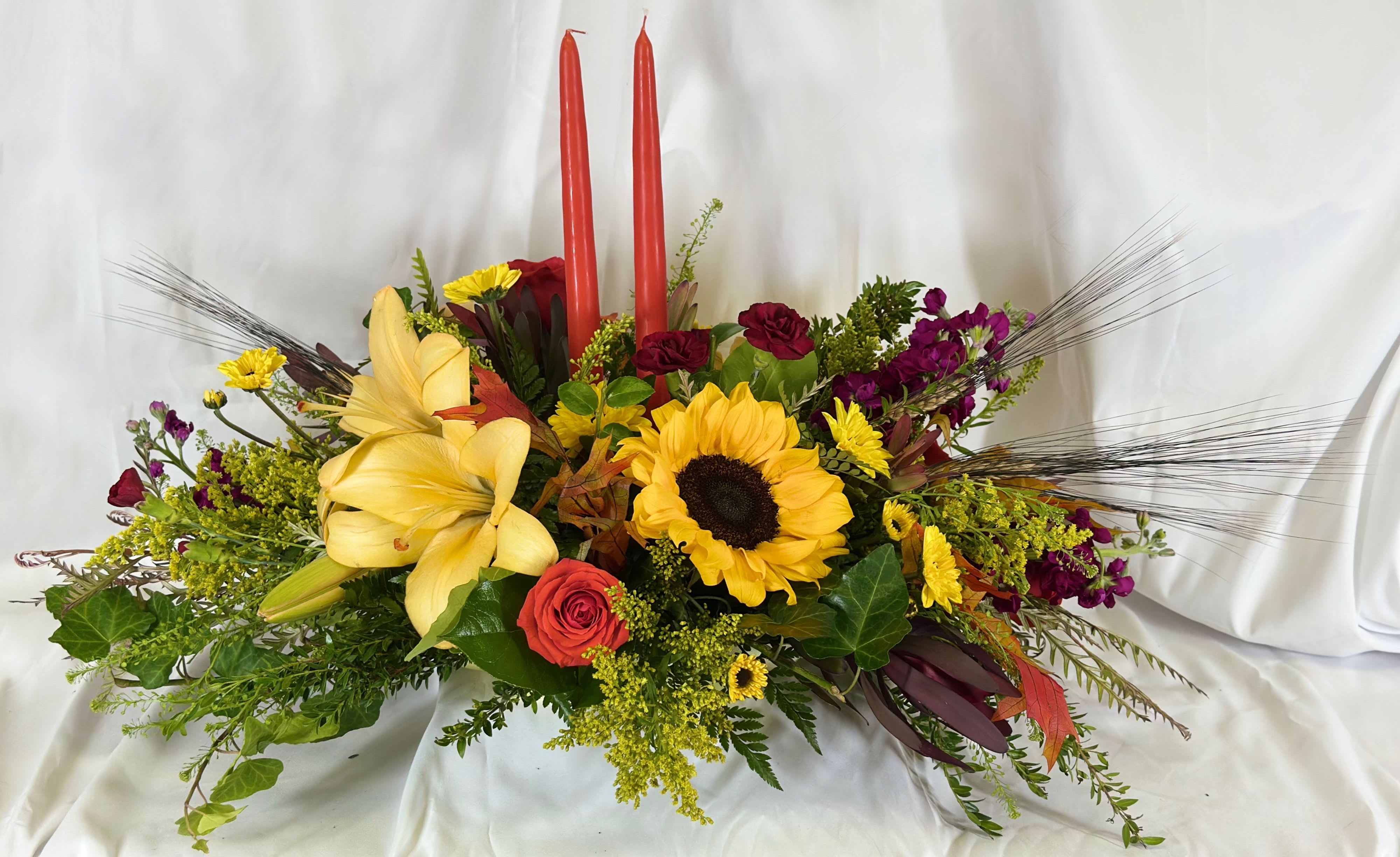 Give Thanks Centerpiece - Classic and beautiful, this centerpiece will be lovely gracing your Thanksgiving table, or anytime a special meal is served throughout Fall. The warm Autumn hues add ambiance and cheer.