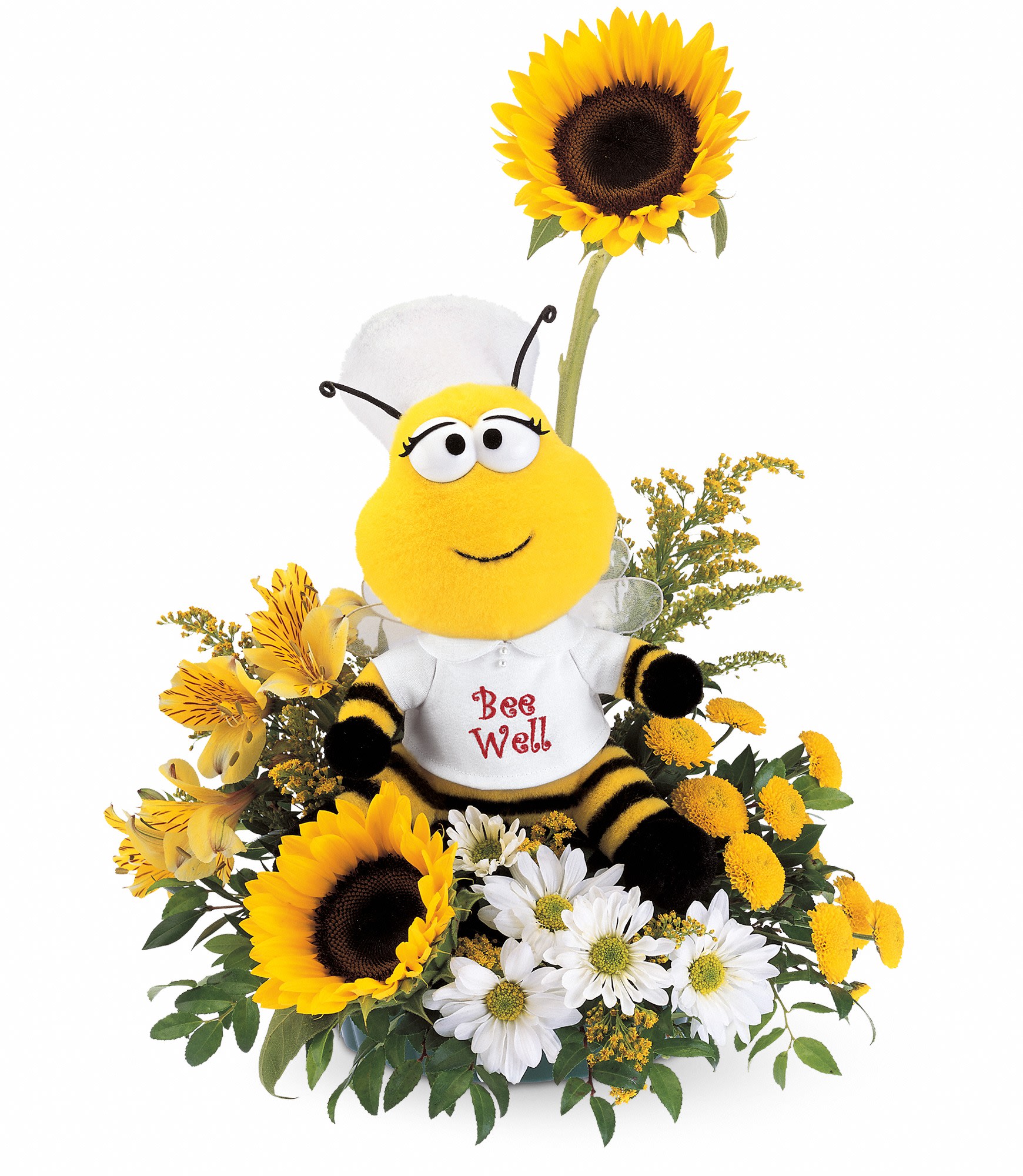 Bee Well Bee Bouquet - We have just the cure for what ails them. A plush nurse bee is ready to buzz into service with enough fresh flowers to make anyone perk up. 