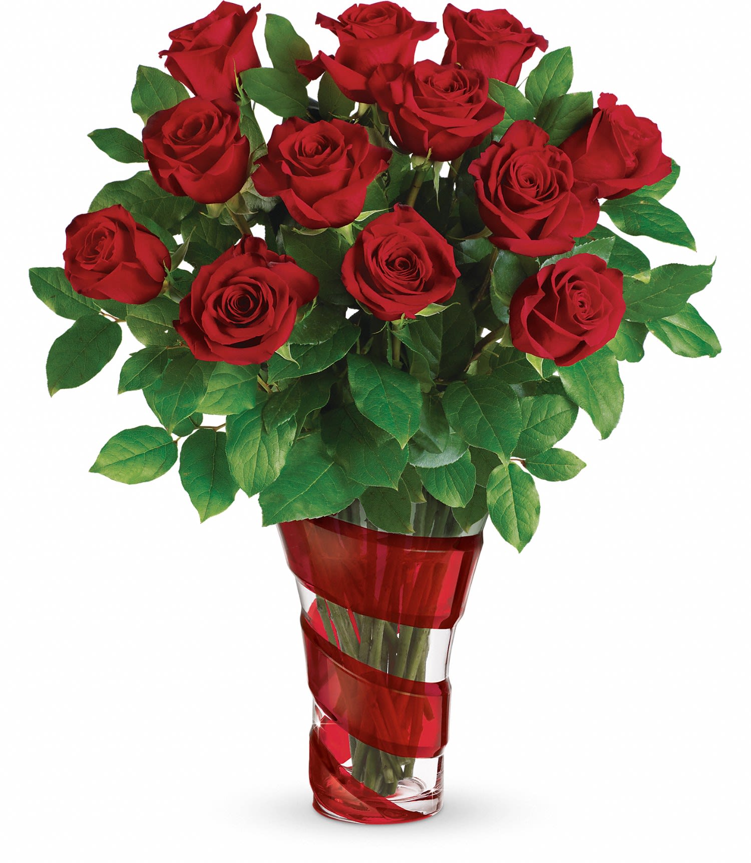 Teleflora's Dancing In Roses Bouquet - This exquisite gift of 12 romantic long stemmed red roses in a dramatic art glass vase is sure to make this Valentine's Day one to remember!