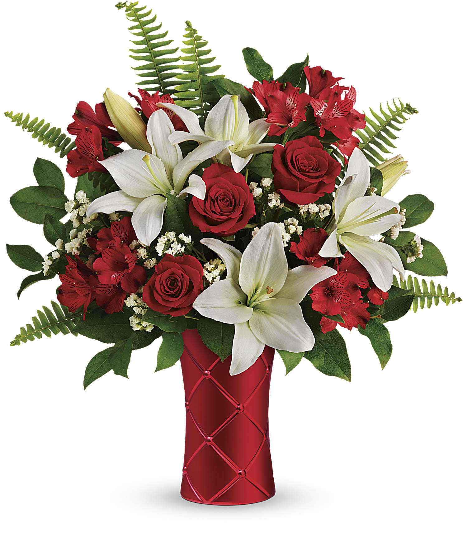 Sweetest Satin Bouquet - With its soft, satiny gloss and quilted pattern, this sensuous ceramic vase makes a passionate presentation of this romantic red rose and white lily bouquet! 