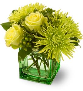 Yellow roses and green spider mums in a green glass vase