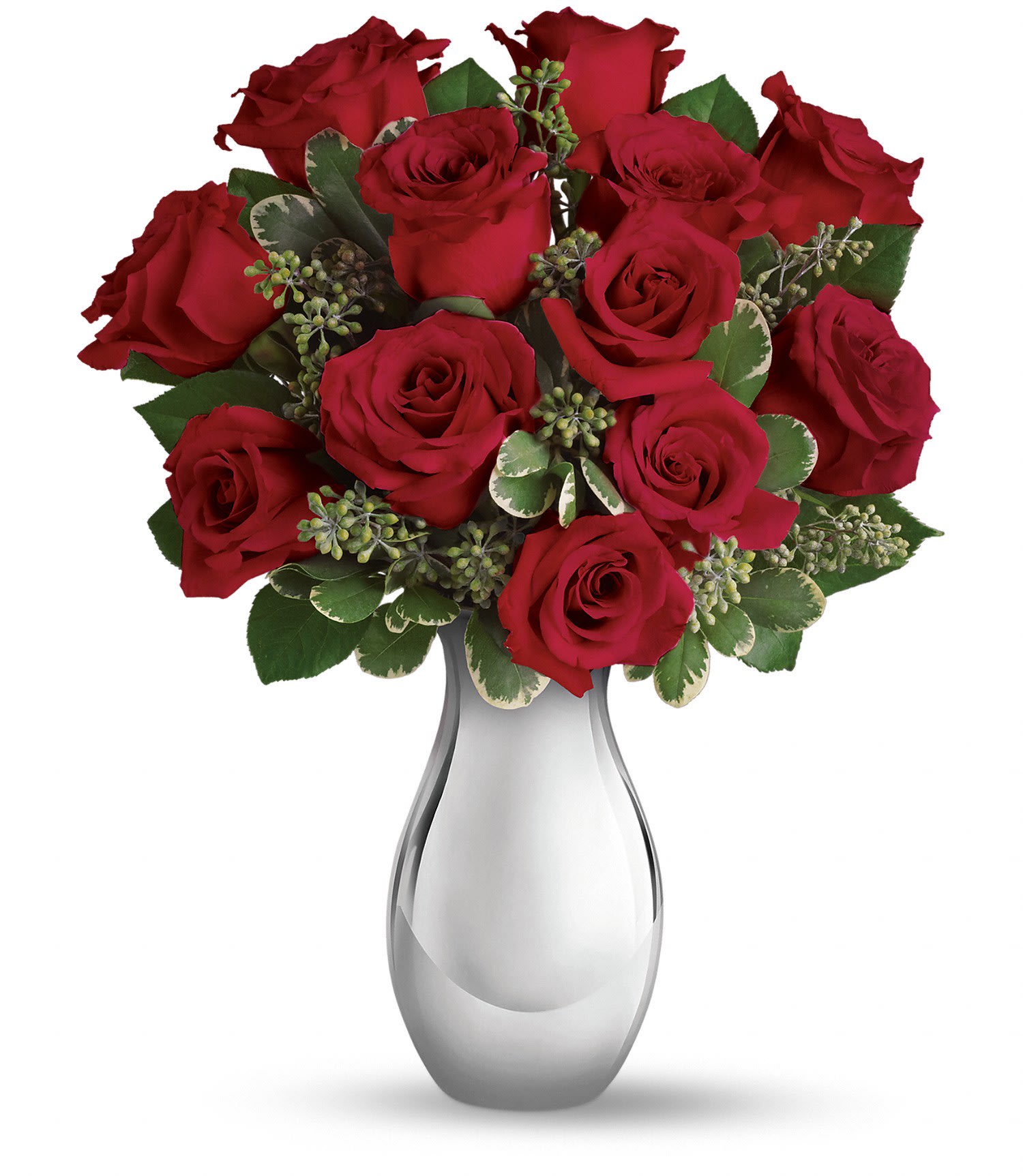  True Romance Bouquet with Red Roses - This romantic bouquet includes twelve red roses accented with seeded eucalyptus and variegated pittosporum, all delivered in our exclusive Silver Reflections vase, a metalized ceramic vase with a light pink tone. 