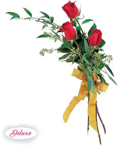 Three red roses with greenery and a yellow ribbon