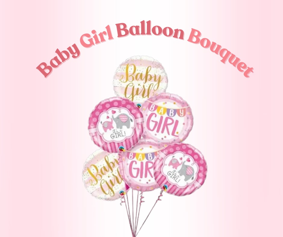 Cluster of pink baby girl balloons with printed messages