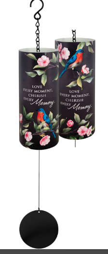 Cherish Every Memory" Varnish Cylinder Sonnet - Our 18" Cylinder Sonnets are comprised of a UV printed steel cylinder with high gloss varnish details, metal construction and industrial cordage. Adjustable striker. 3" Diameter x 7" Length tube  Tube Reads: "Love every moment, cherish every memory"  L: 18"