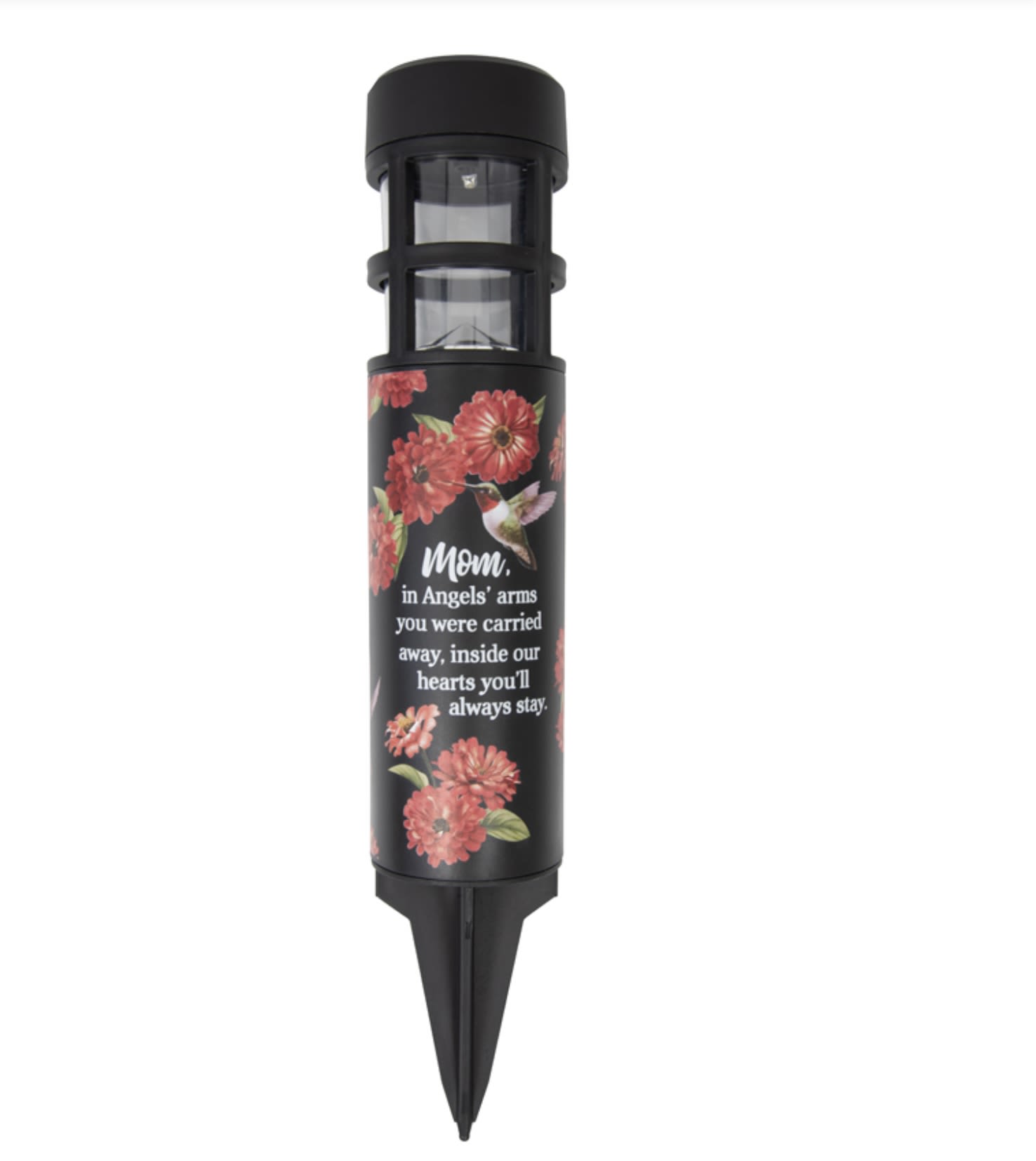 “Mom” Solar Light - Our Memorial Solar Stake lights come with the stake tucked inside them for ease of shipping. Made of high quality poly-resing, the LED solar light remains on up to 8 hours with a full charge. Weather friendly  H: 15.5" DIA: 2.75"